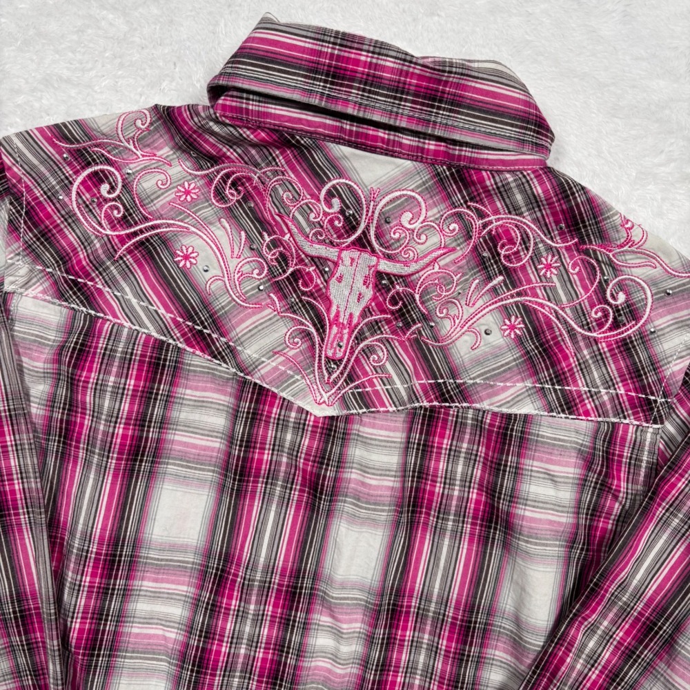 Cowgirl Hardware Western Shirt Women S Pink Plaid Cowhead Pearl Snap Yoke Rodeo